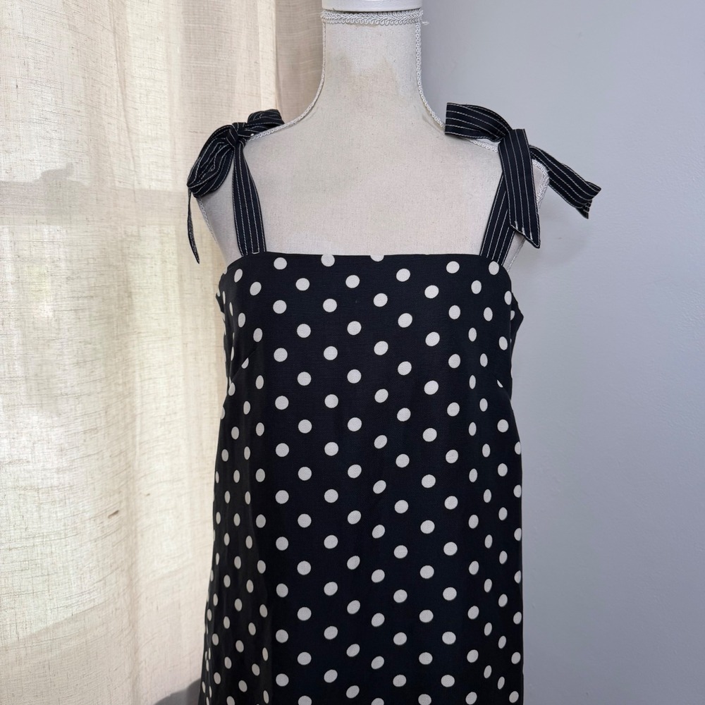 NWT J.Crew Polka Dot Dress Tie Shoulder Silk Linen Blend Navy Women's Size 8 - Picture 5 of 9